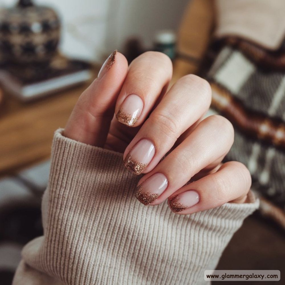 Thanksgiving Nail Designs having Subtle Rustic Glitter-Tipped Nails
