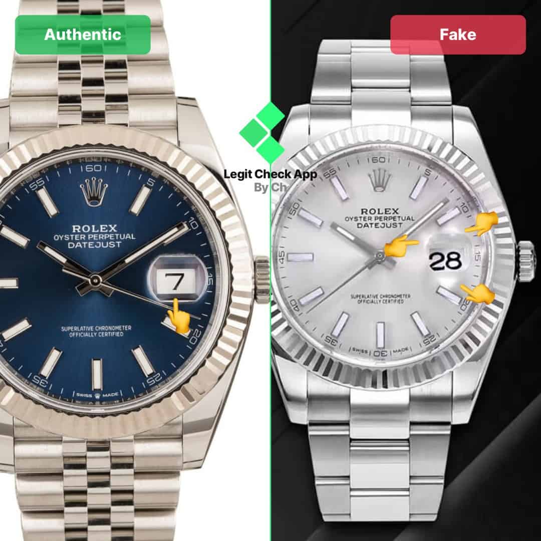 Comparison of authentic vs fake Rolex Datejust watches highlighting the Cyclops lens magnification difference over the date window