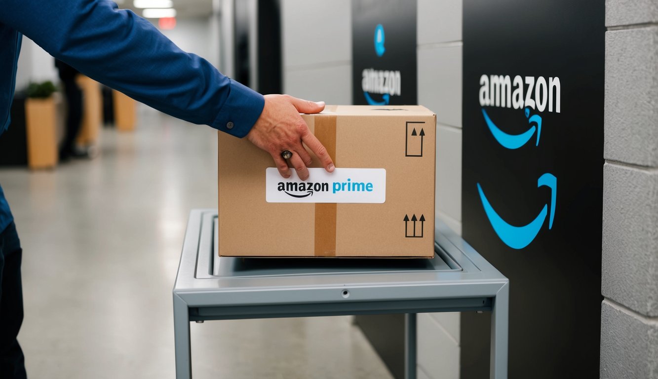 A package being placed in a designated return area with an Amazon Prime label visible