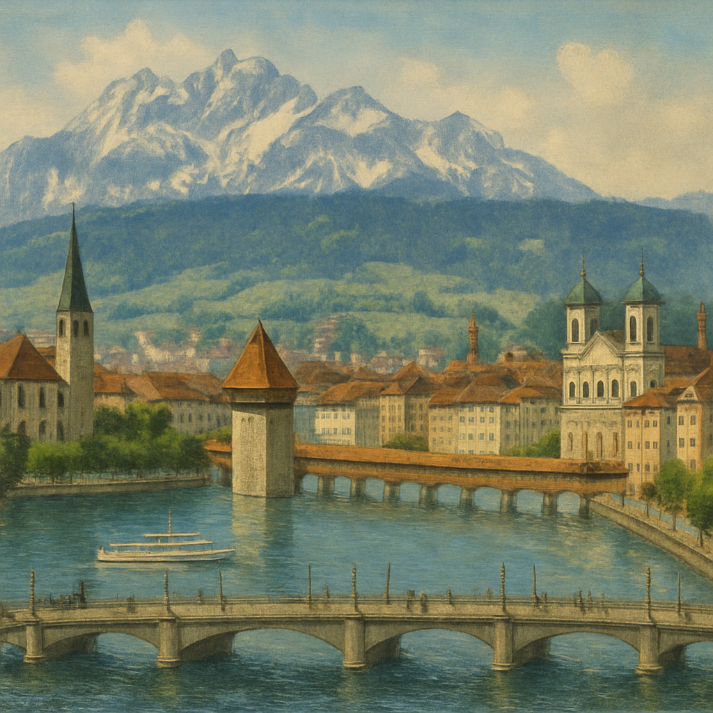 A scenic view of Luzern with mountains in the background