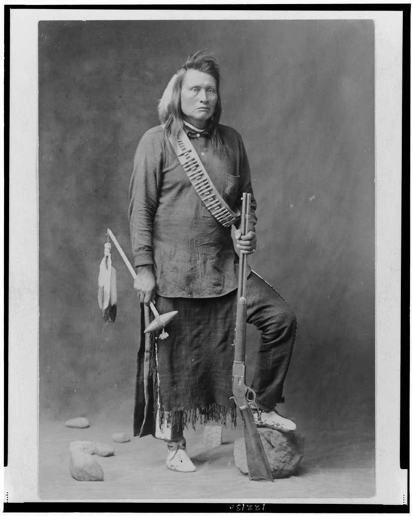 A photo of a posing Nez Perce warrior who's name was Him-mim-mox-mox or Yellow Wolf.