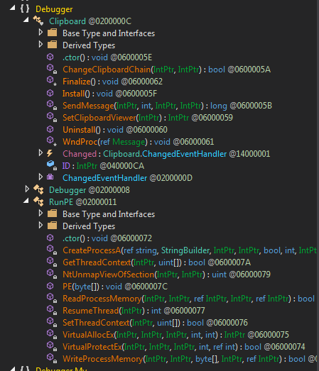 { } Debugger 
•4 Clipboard 00200000C 
Base Type and Interfaces 
Derived Types 
.ctoro: void @0600005E 
ChangeCIipboardChain(IntPtr, IntPtr) : bool 00600005A 
: void 006000062 
: void 00600005F 
SendMessage(IntPtr, int, IntPtr, IntPtr): long 006000058 
SetClipboardViewer(1ntPtI) : IntPtr 006000059 
UninstallO : void 006000060 
WndProc(ref void 006000061 
Changed : Clipboard.ChangedEventHandIer 014000001 
ID : Intptr 0040000CA 
ChangedEventHandIer 002000000 
Debugger 002000008 
RunPE@02000011 
Base Type and Interfaces 
Derived Types 
.ctoro: void 006000072 
CreatePrccessA(ref string, String8uiIder, IntPtr, IntPtr, bool, int, IntPt 
GetThreadContext(1ntPtr, uint[]): bool @0600007A 
NtlJnmapViewOfSection(IntPtr, IntPtr) : uint 006000079 
: void 00600007C 
ReadProcessMemory(IntPtr, IntPtr, ref IntPtr, IntPtr, ref IntPtr) : bool 
int 006000077 
SetThreadContext(1ntPtr, uint[]): bool 006000076 
VirtualAIIocEx(IntPtr, IntPtr, IntPtr, int, int) : IntPtr 006000075 
VirtualProtectEx(IntPtr, IntPtr, IntPtr, int, ref int): bool 006000074 
WriteProcessMemory(IntPtr, IntPtr, byte[], IntPtr, ref IntPtr) : bool Cd 