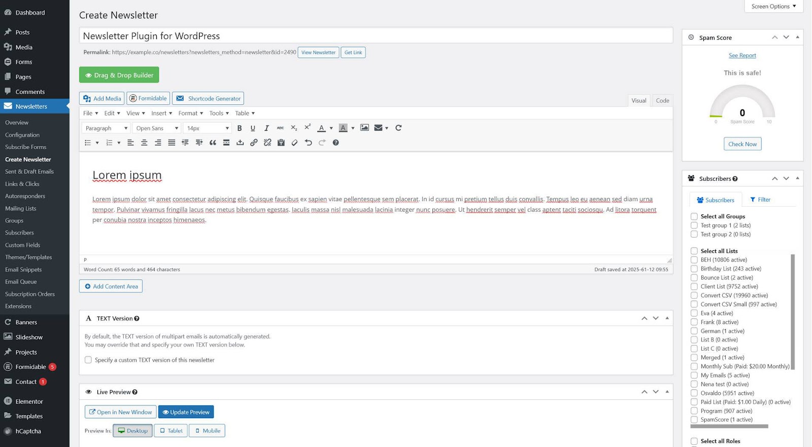 WordPress Newsletter Plugin Backend Page