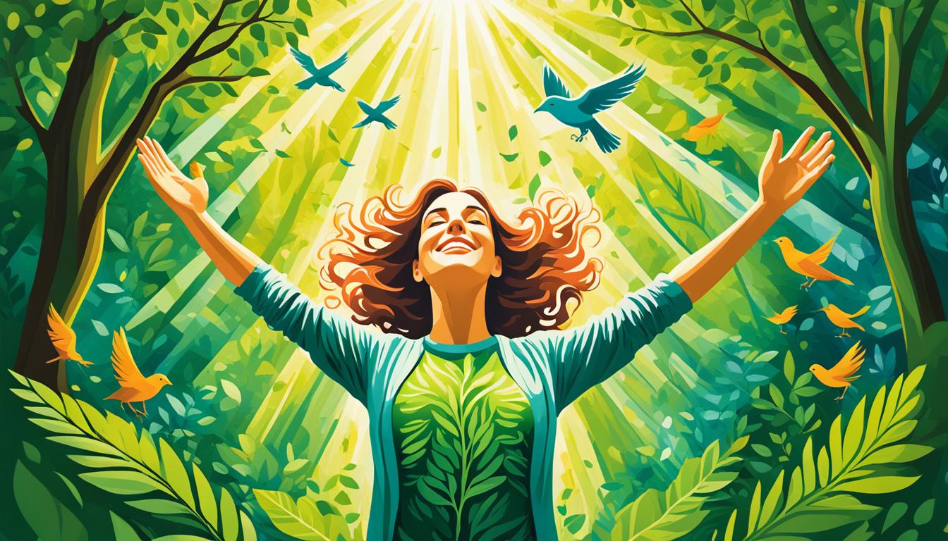 An image of a person standing in the middle of a lush, green forest with rays of sunlight shining through the trees. A gentle breeze rustles the leaves, and birds can be heard singing in the distance. Surround the person with positive affirmations, such as "I am capable of manifesting my dreams" and "My thoughts create my reality." Show symbols of abundance, such as blooming flowers and ripe fruits. In the distance, show a rainbow or a shimmering body of water. The overall feeling should be one of peacefulness and optimism.