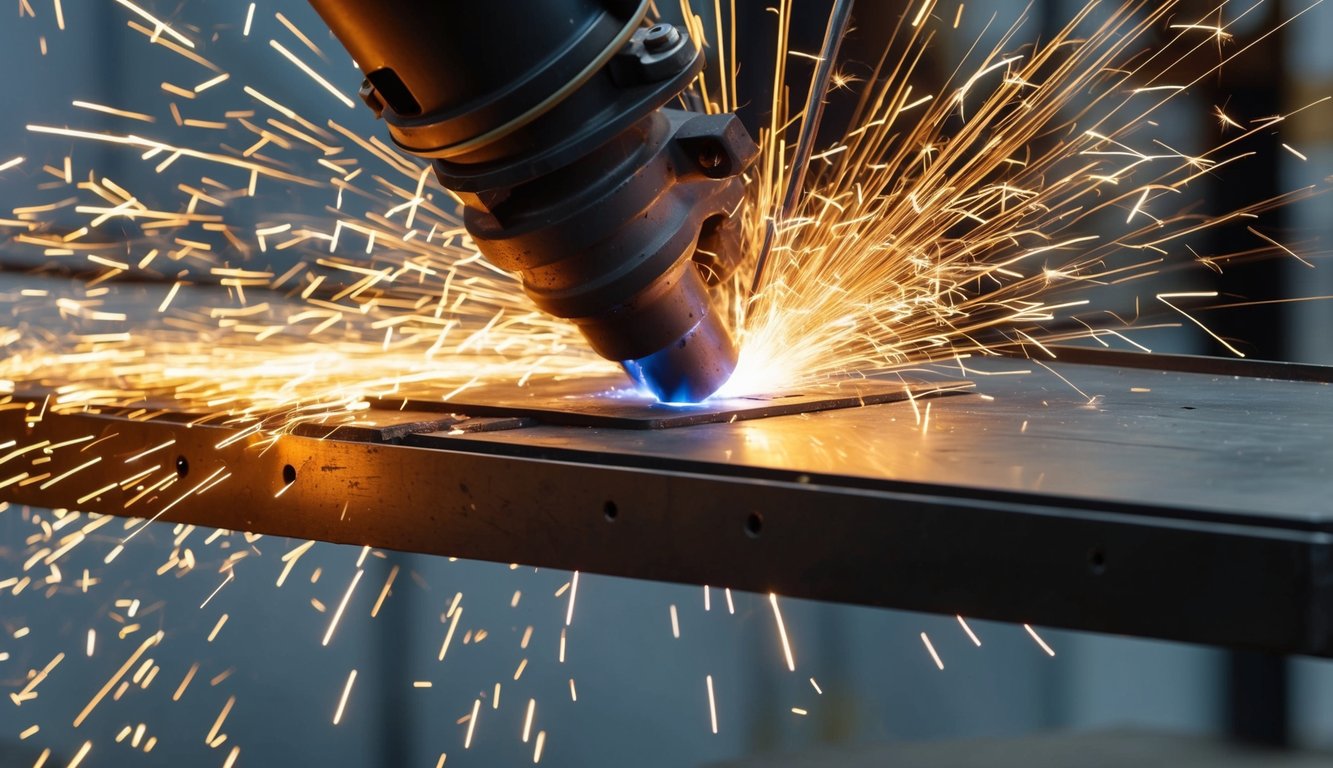 Sparks flying as metal is welded at a high deposition rate, with molten metal being deposited onto the workpiece