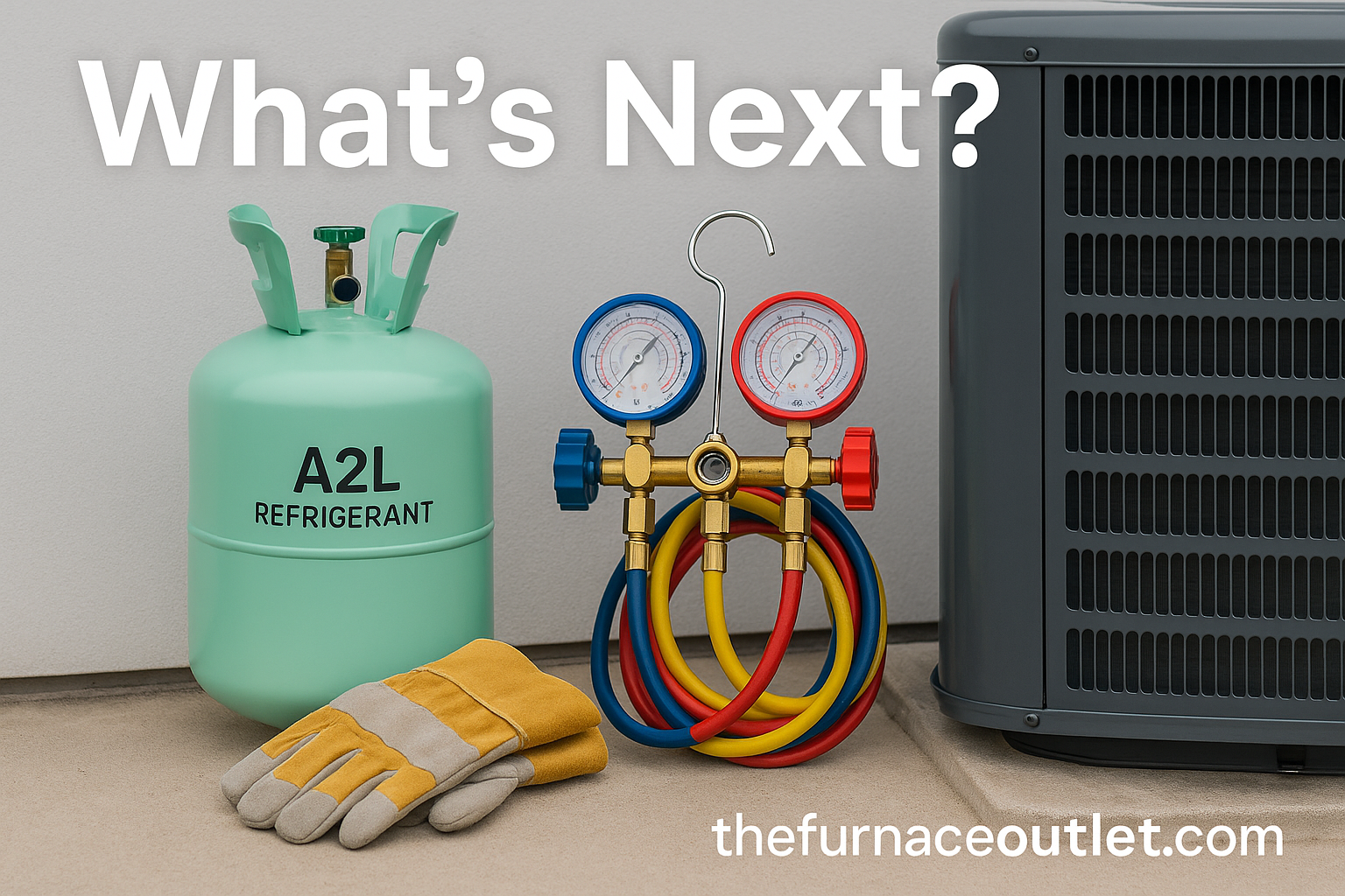 HVAC display featuring an A2L refrigerant cylinder, gauge manifold, yellow gloves, and condenser unit arranged on concrete, with “What’s Next?” text and TheFurnaceOutlet.com branding