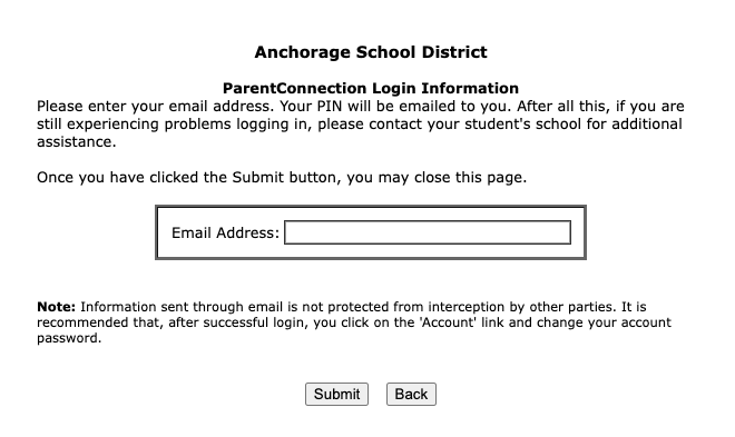 Parent Connection login information reminder