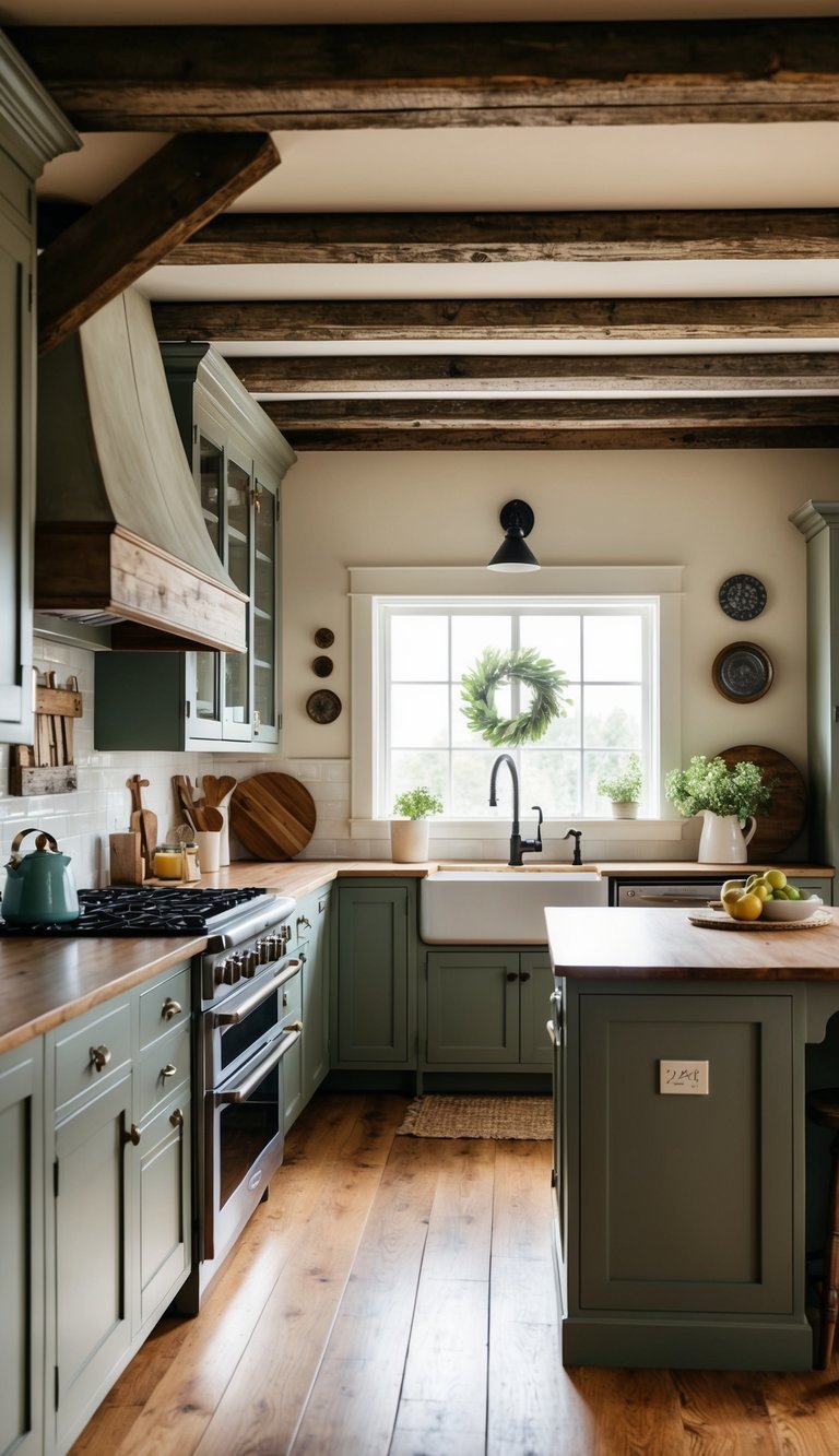 A cozy farmhouse kitchen with weathered wooden beams, vintage decor, and a rustic charm