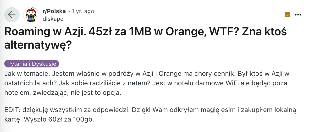 Post dotyczący roamingu w Japonii opublikowany na forum Reddit.