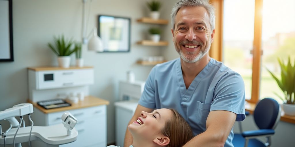Smiling dentist with patient in a bright dental office.