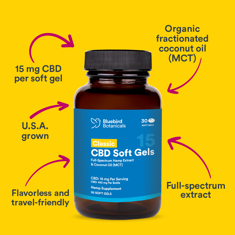 Bluebird Botanicals Classic CBD Softgels bottle with 15 mg full-spectrum CBD per capsule