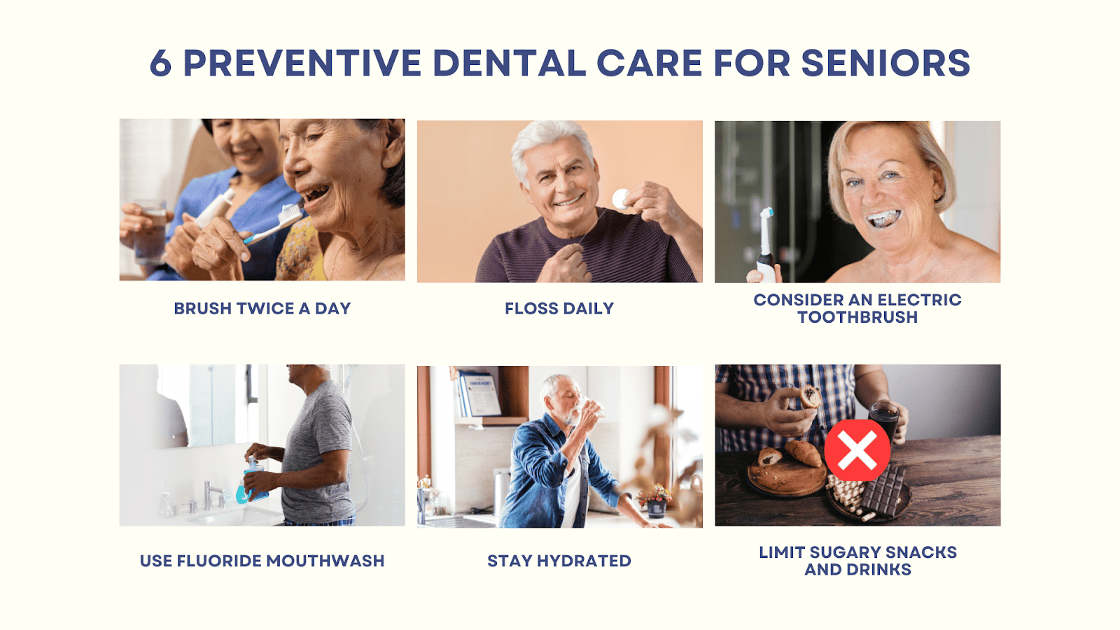 This is an infographic detailing 6 preventive dental care tips for seniors