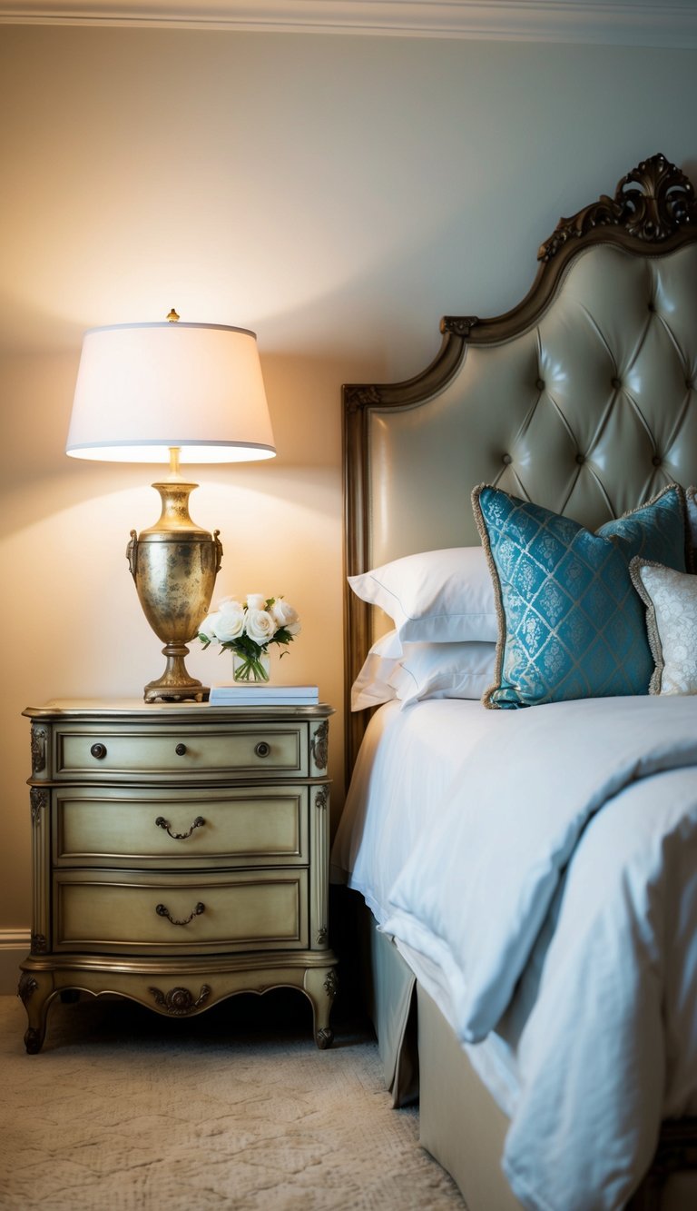 Two antique nightstands flank a luxurious bed in a master bedroom. Soft lighting and romantic decor create an intimate atmosphere