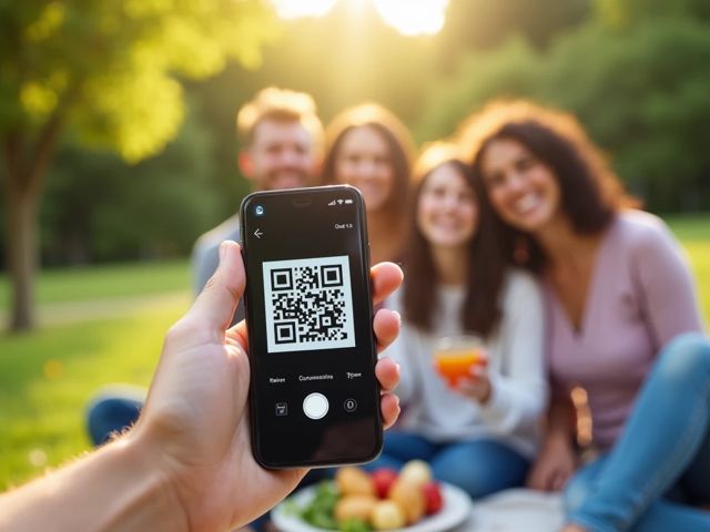 A close-up of a smartphone scanning a QR code in a bright outdoor setting, surrounded by nature, with a smiling group of friends in the background enjoying a picnic, radiating a sense of safety and joy.