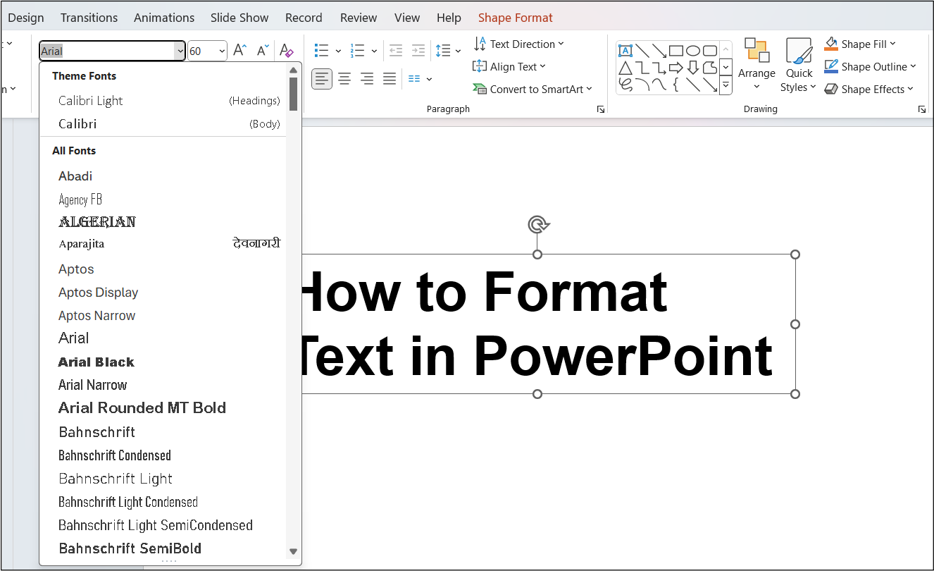 Font Selection Option in PowerPoint with a collection of fonts