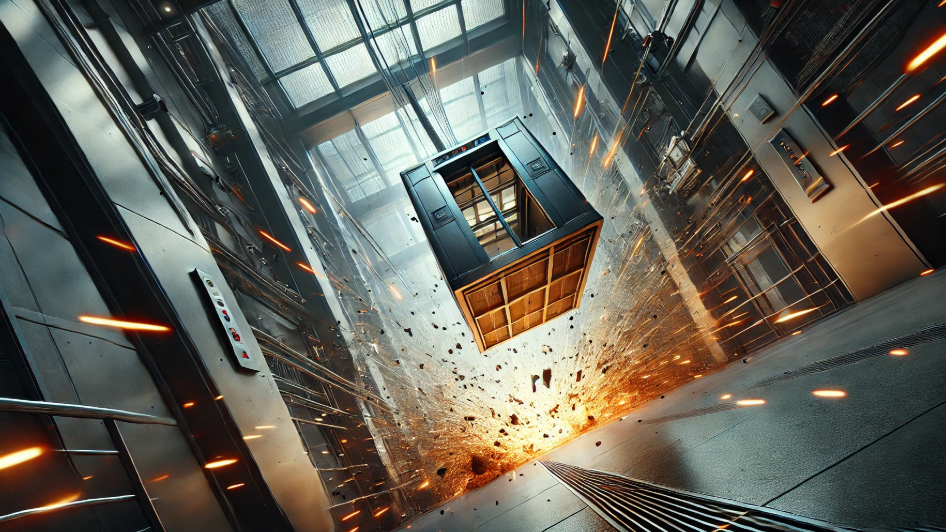 A falling elevator suspended mid-air in a narrow industrial shaft, surrounded by fiery sparks and debris, with an explosion below creating dramatic lighting.