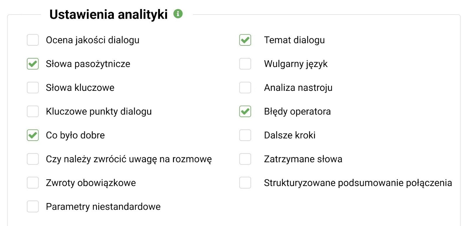 AI, Ringostat, konfigurowanie analityki Ringostat, wybieranie parametrów dla analityki