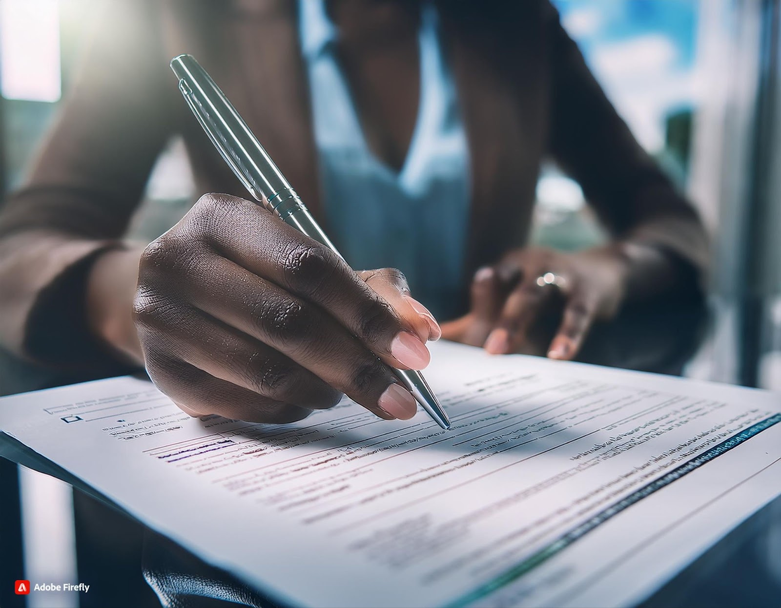 A close-up of a lady filling out a personal injury claim form, with a pen in hand.