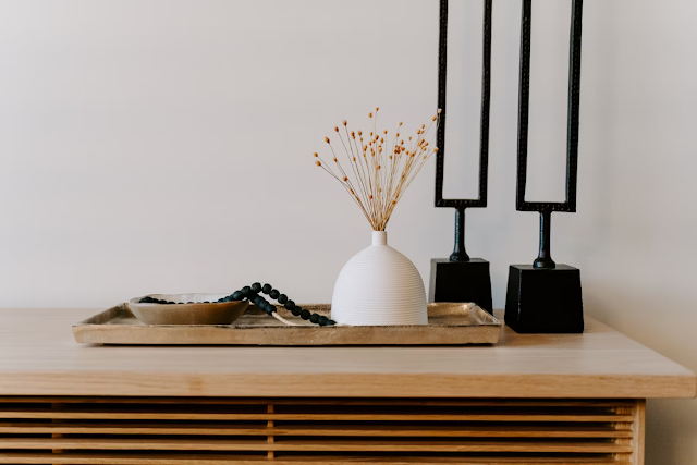 stunning wooden sideboard with vase