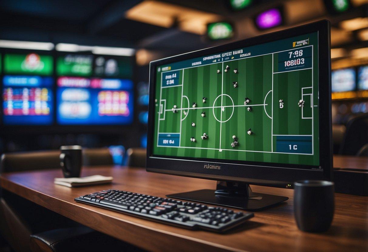 A computer screen displaying a soccer match with odds and betting options, surrounded by responsible gambling messages