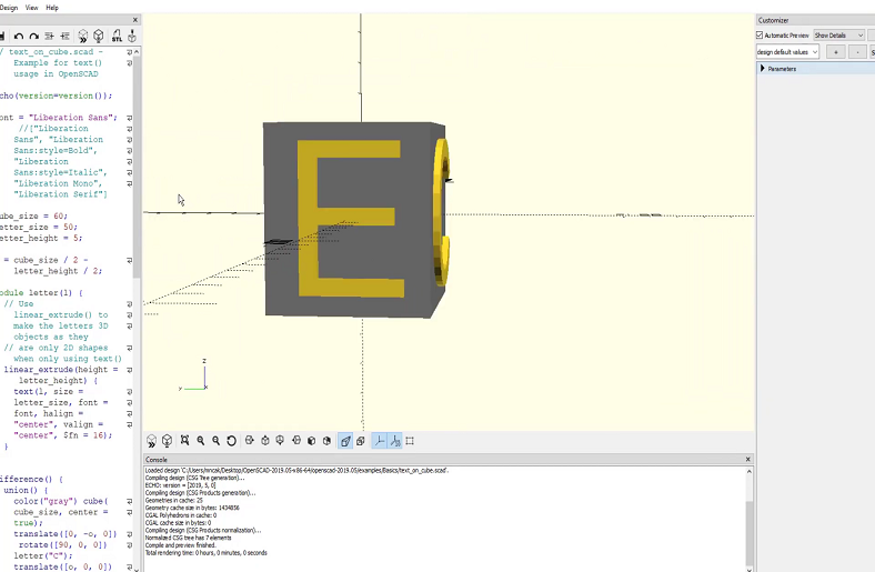 A 3D model of the letter "E" being designed in OpenSCAD.






