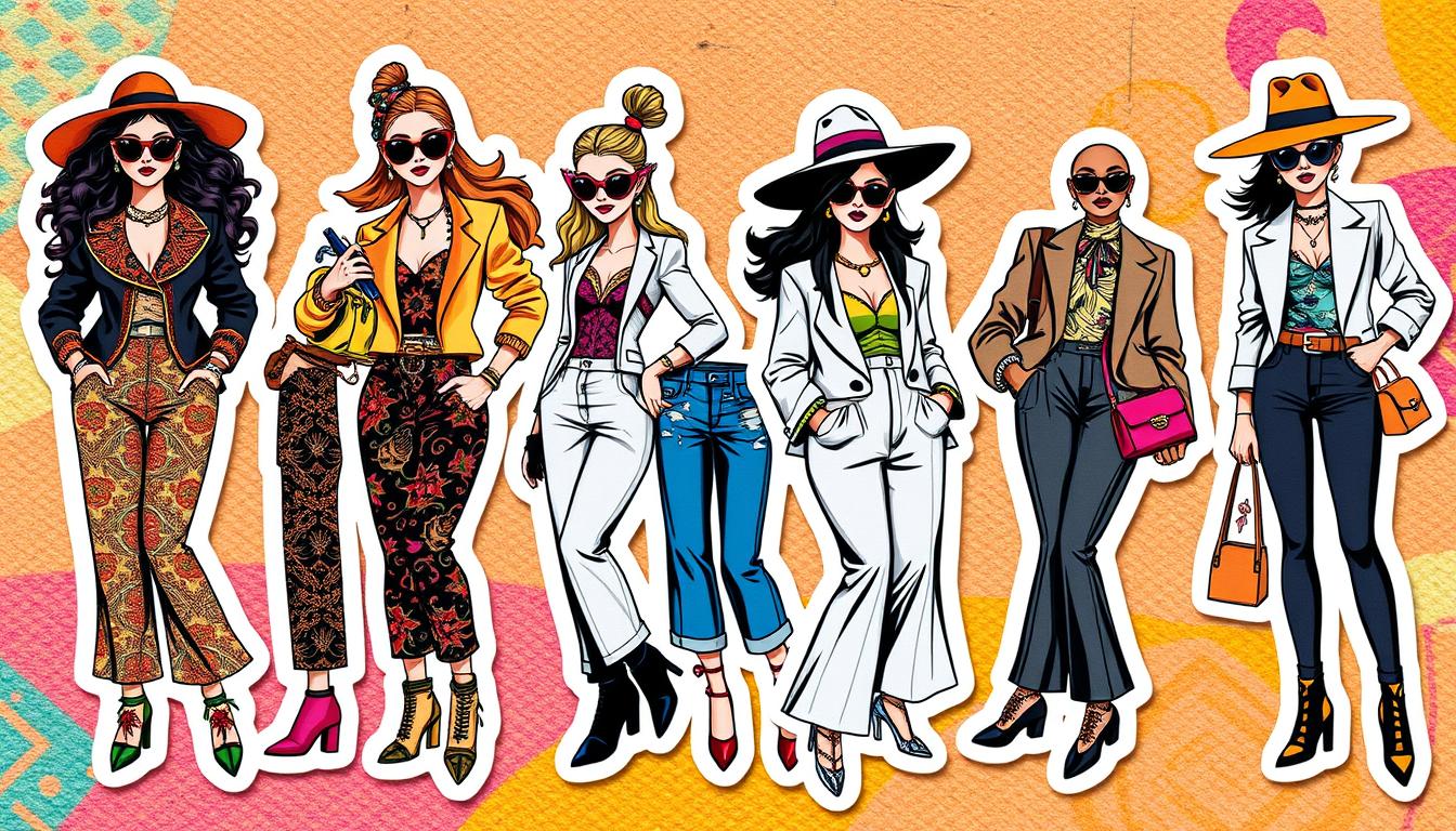 A collection of stylish stickers featuring diverse fashion icons, each with unique outfits representing various fashion styles, such as vintage chic, modern streetwear, bohemian flair, and high-end couture. The icons are depicted in dynamic poses, showcasing intricate patterns, bold colors, and fashionable accessories like oversized sunglasses, statement hats, and unique handbags. The background is a vibrant mix of textures that enhance the overall trendy aesthetic.