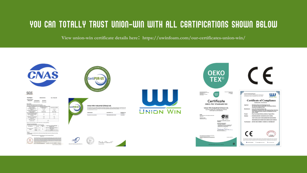 Image showcasing Union-win certifications, including CNAS, CertiPUR-US, OEKO-TEX, CE, SGS Test Report, and Certificate of Compliance, emphasizing trustworthiness and product quality.