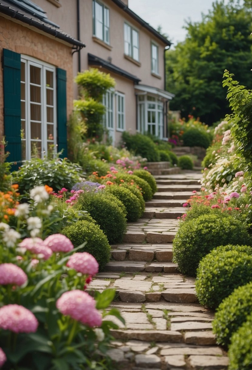 A winding stone pathway leads through a lush garden, flanked by vibrant flowers and neatly trimmed bushes, leading up to a charming house