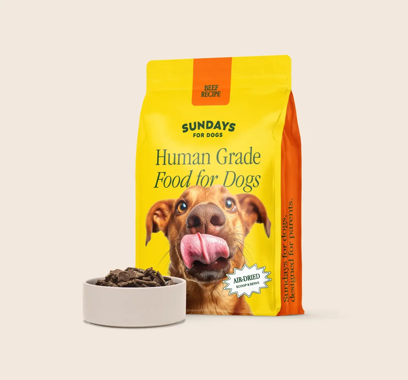 Sundays For Dogs Beef Recipe bag and bowl.
