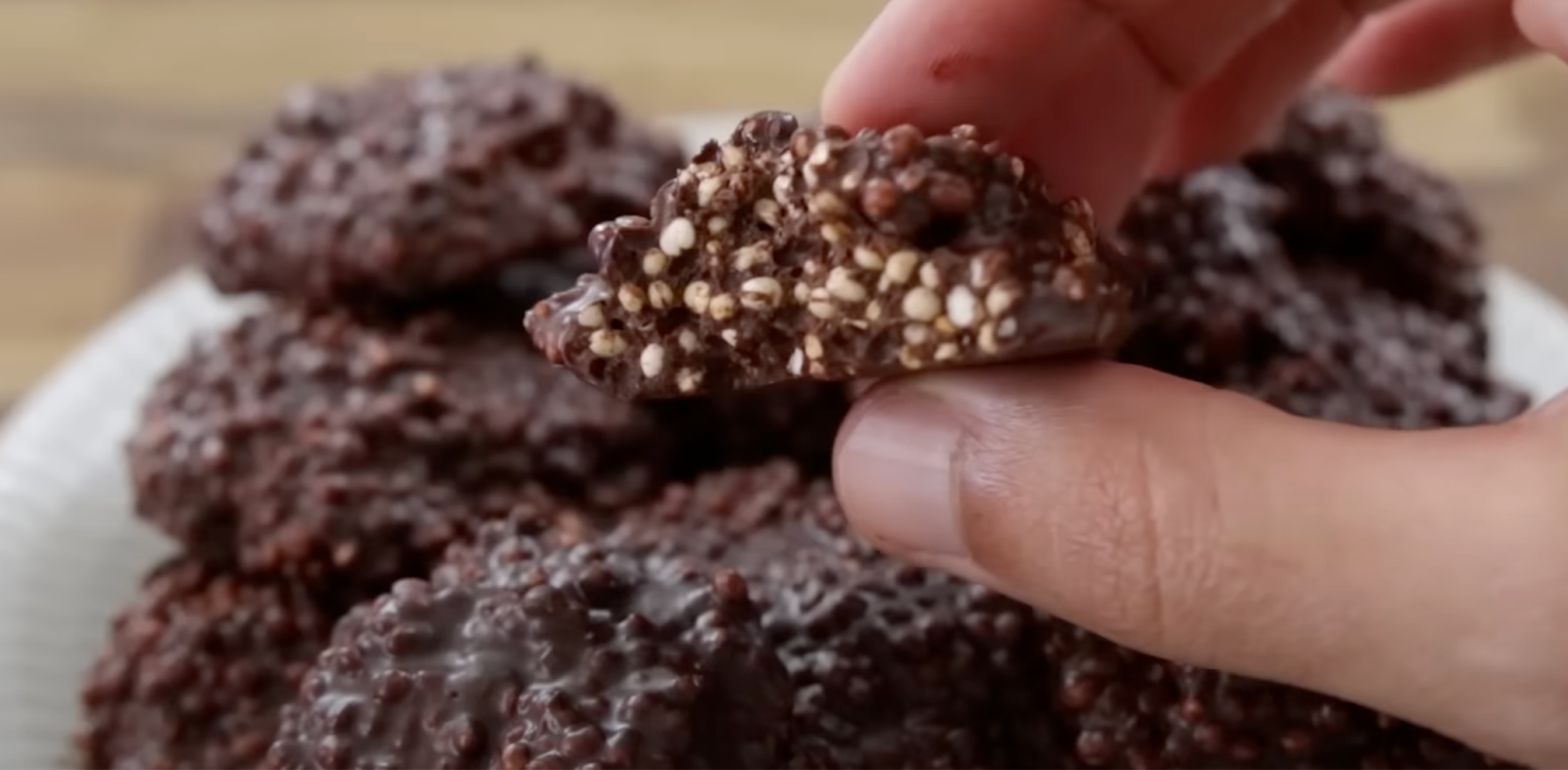 A hand holding a chocolate quinoa cookie. 