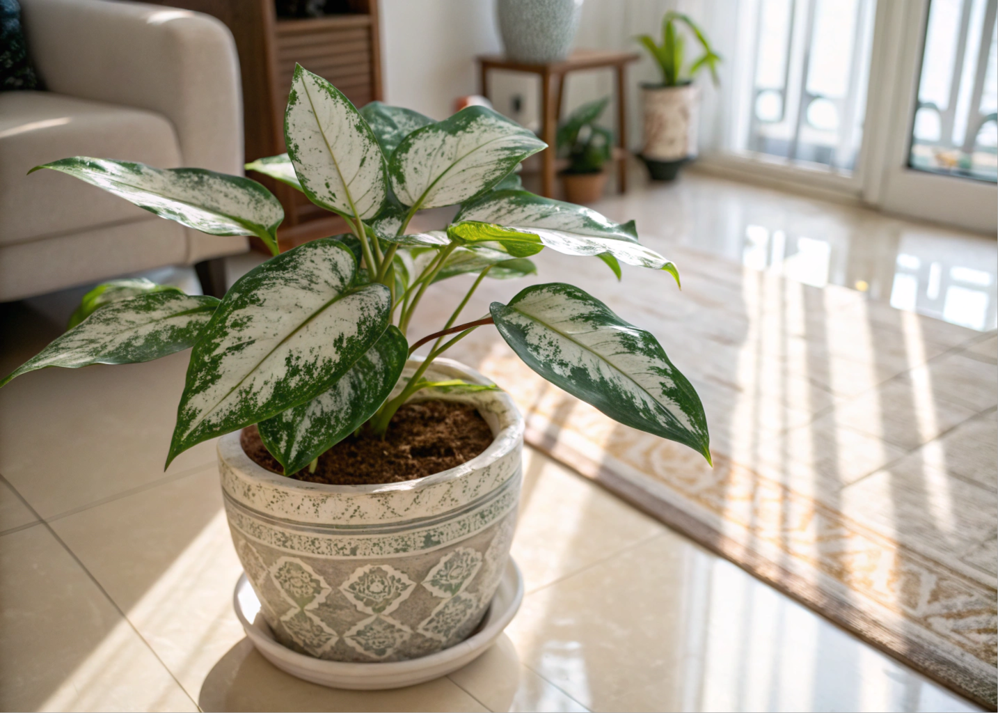 Singônio variegata com folhas manchadas de branco em vaso decorativo na sala de estar.