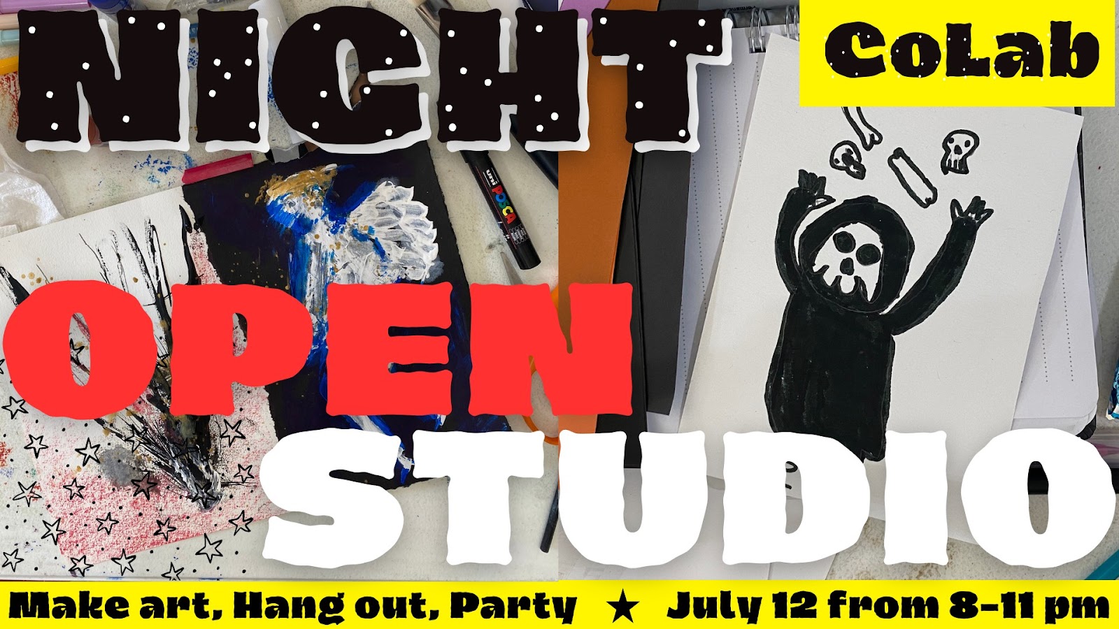 Painting of an abstract devil, angel, and childs drawing of the grim reaper with the words "Night Open Studio" over top in black, red, and white text. 