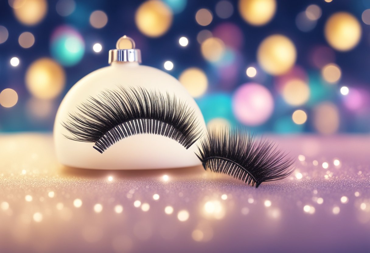 A display of holiday-themed false eyelashes arranged on a festive background with twinkling lights and glittering ornaments