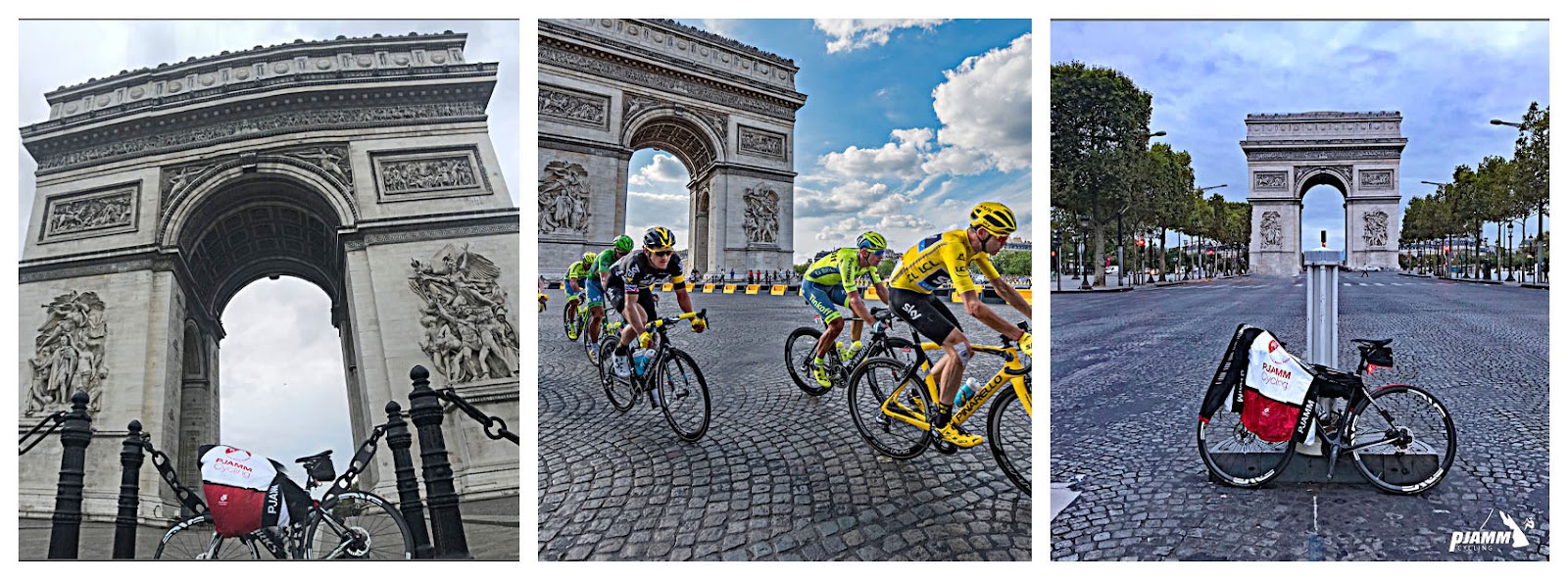 Tour de France 2023 - photo collage, PJAMM bike and jersey leaning against post in front of Arc de Triomphe, Paris; riders in the Tour de France ride past the Arc de Triompth