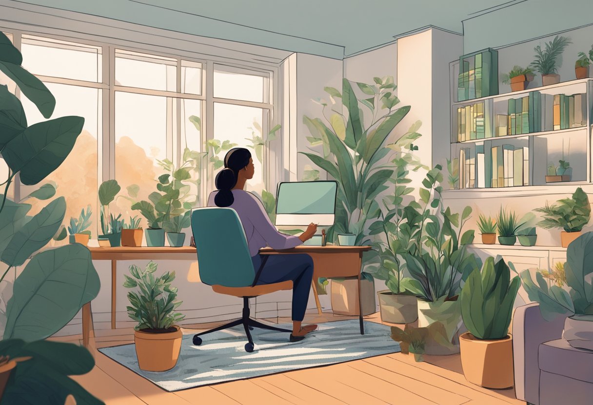 A person sitting in a cozy office, surrounded by plants and soft lighting, engaging in conversation with a therapist in San Francisco