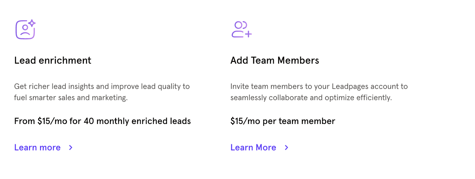 Screenshot of Leadpages add-ons that increase Leadpages pricing