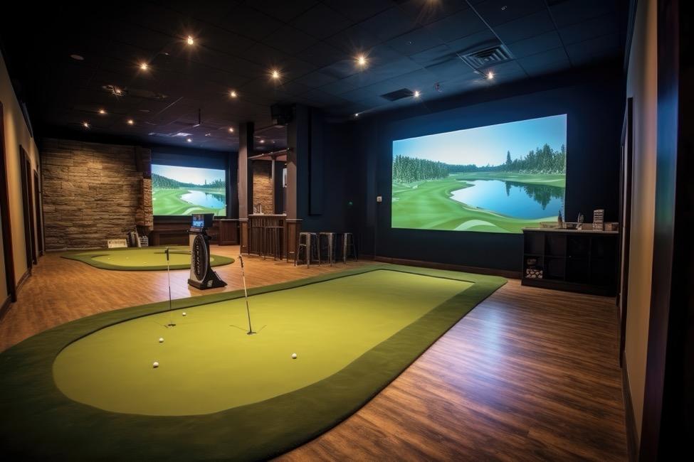 A room with a golf course and a large screen

Description automatically generated