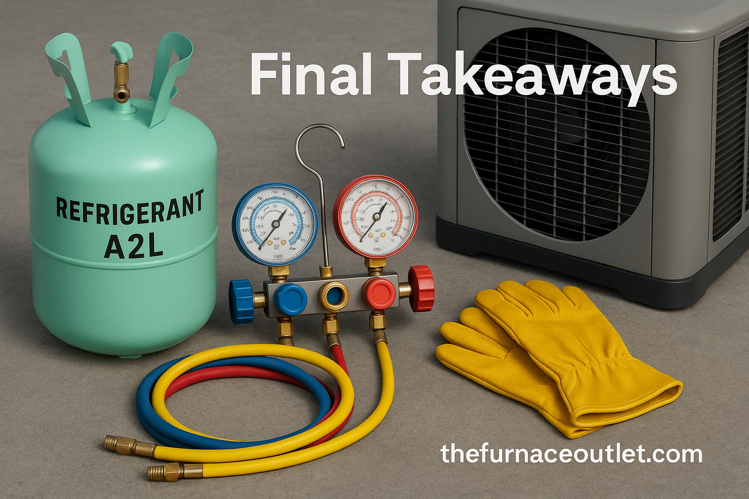 Final A2L refrigerant safety display with labeled cylinder, manifold gauges, yellow gloves, and HVAC condenser unit, arranged on a concrete surface with “Final Takeaways” and TheFurnaceOutlet.com branding
