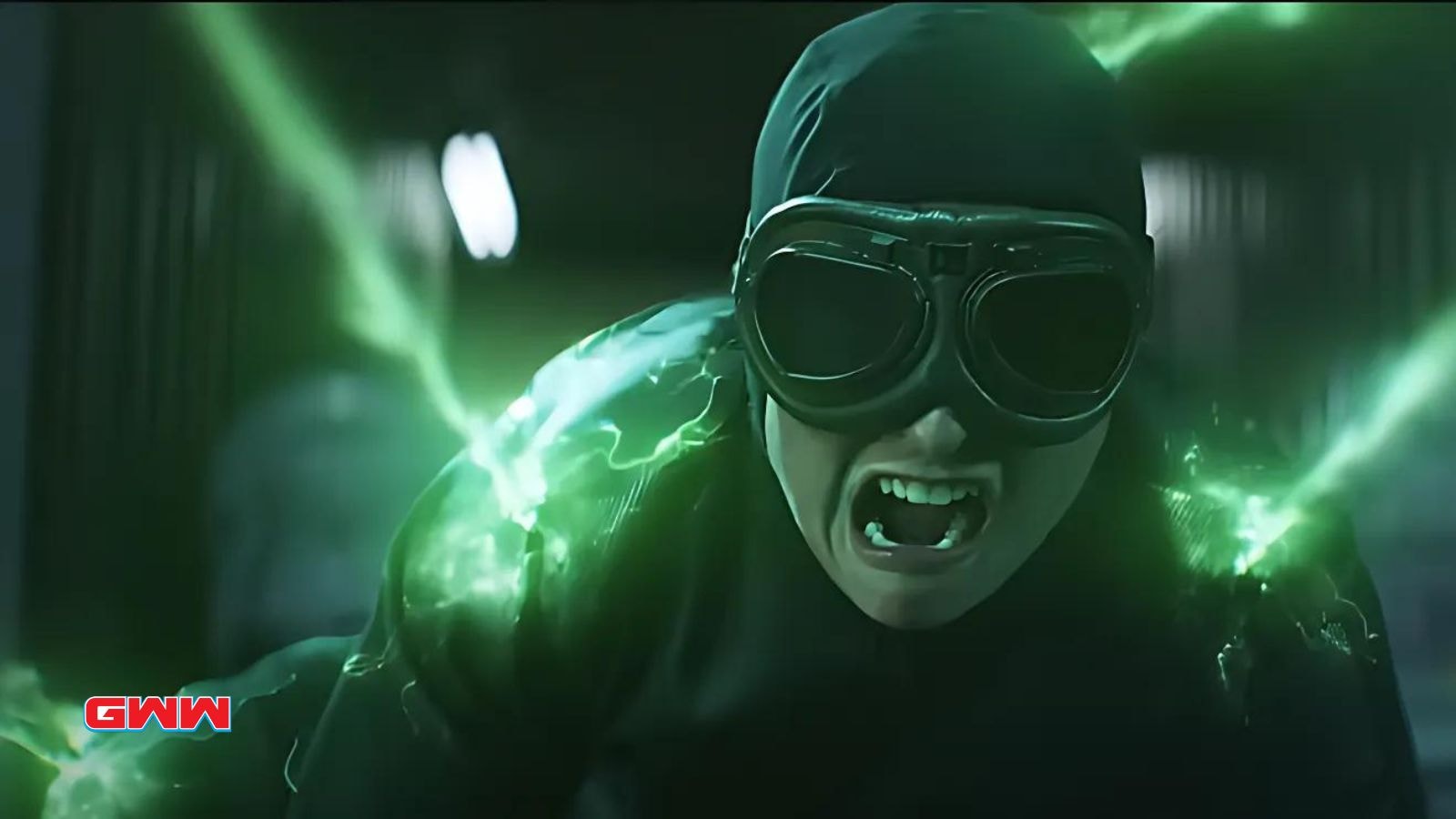 Alex Garfin as Jordan Kent with glowing green energy, screaming in an action-packed scene