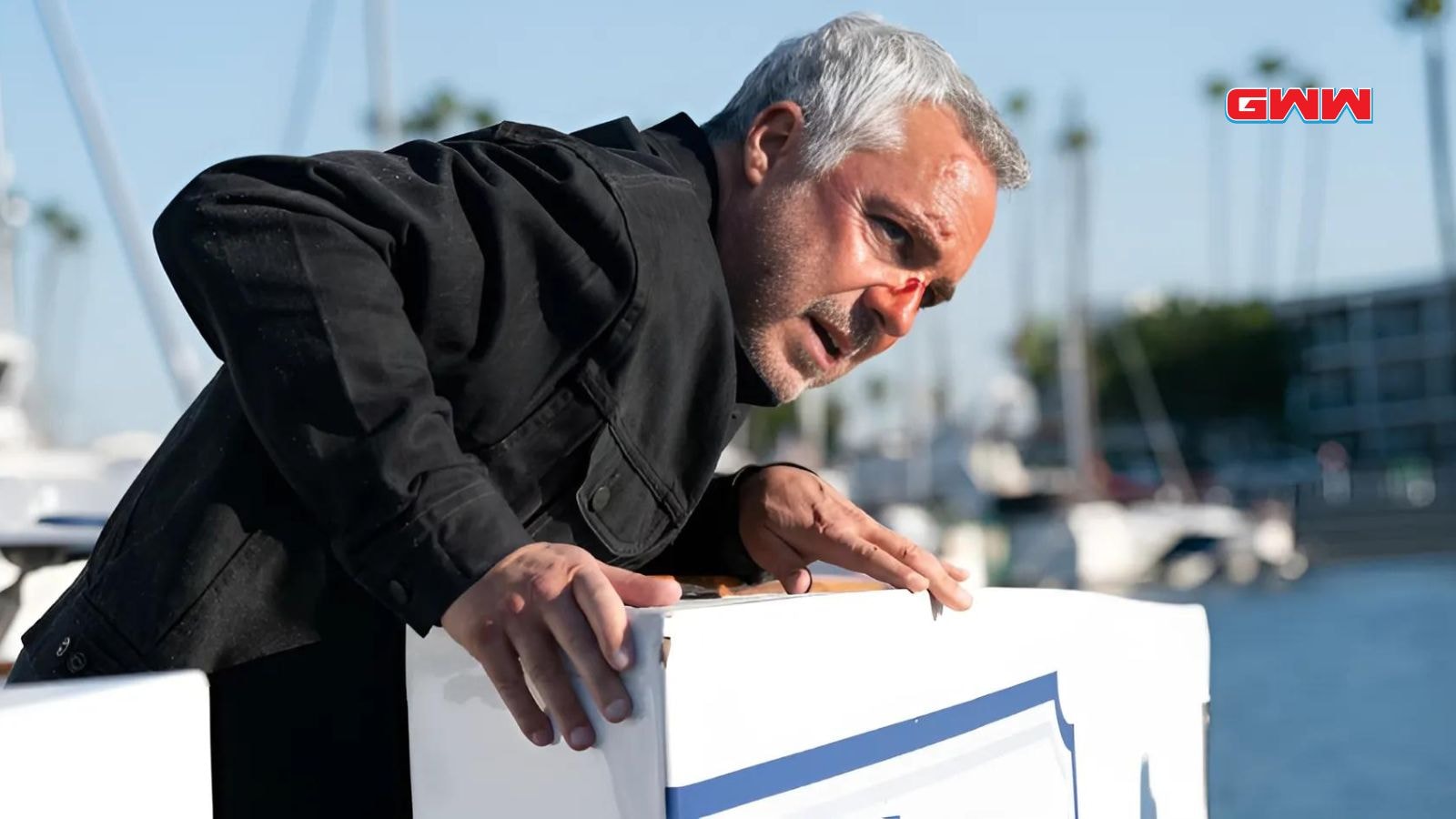 Titus Welliver as Harry Bosch with blood on his face.