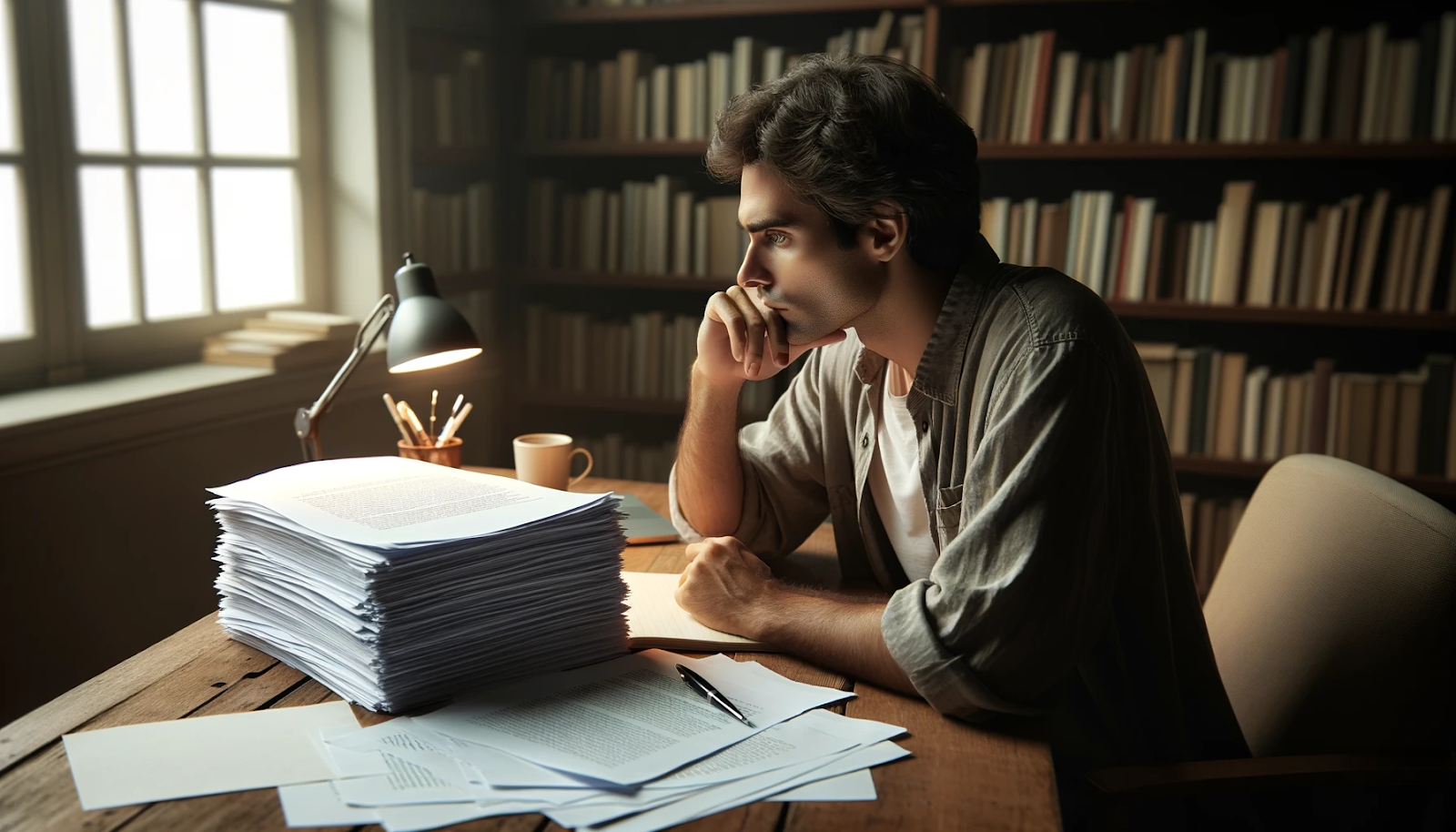 Writer deep in thought, surrounded by manuscripts in a book-filled room.