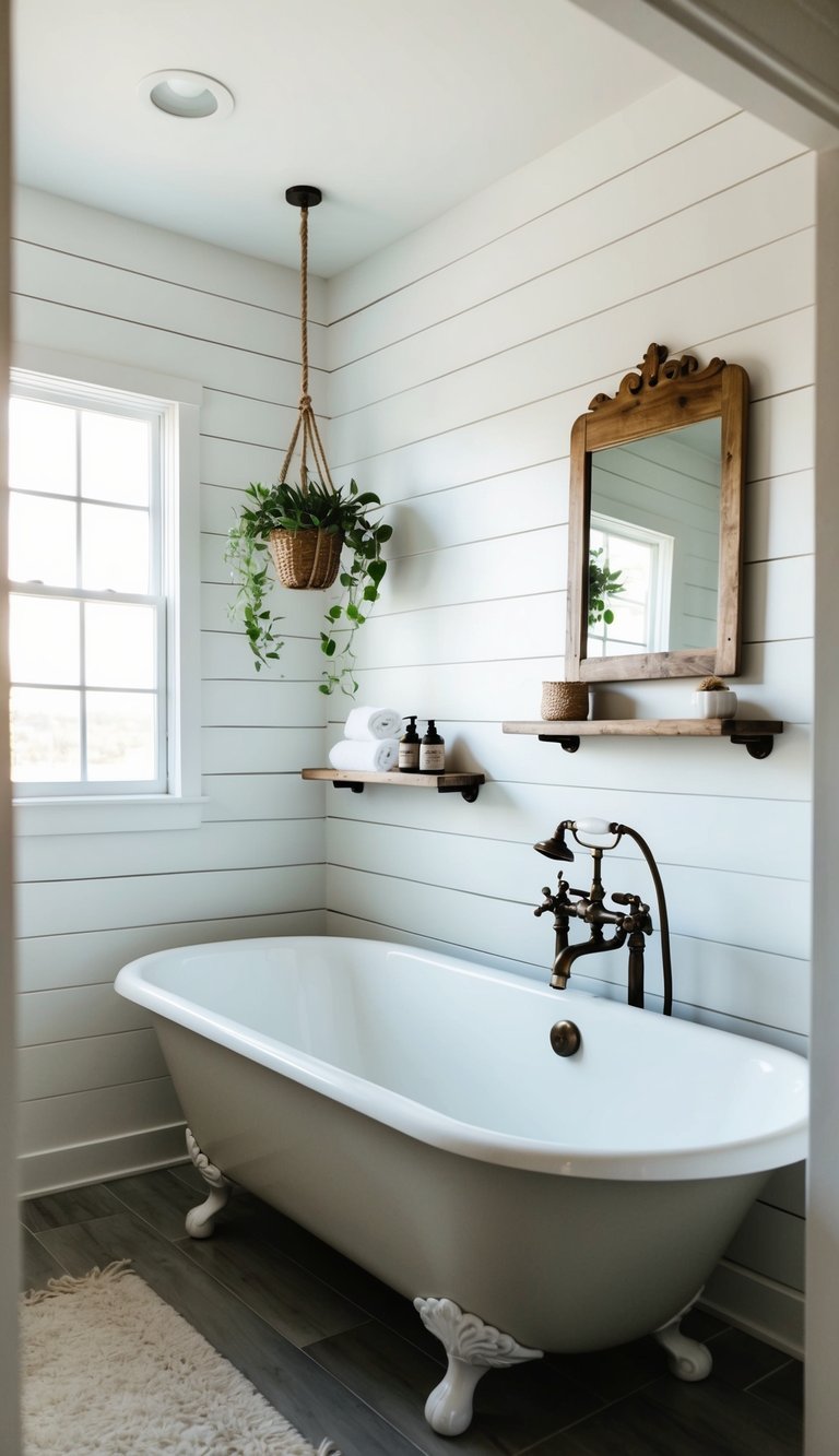 A bathroom with white shiplap walls, a freestanding bathtub, and a vintage mirror. A hanging plant and rustic wooden shelves complete the cozy, farmhouse-inspired space