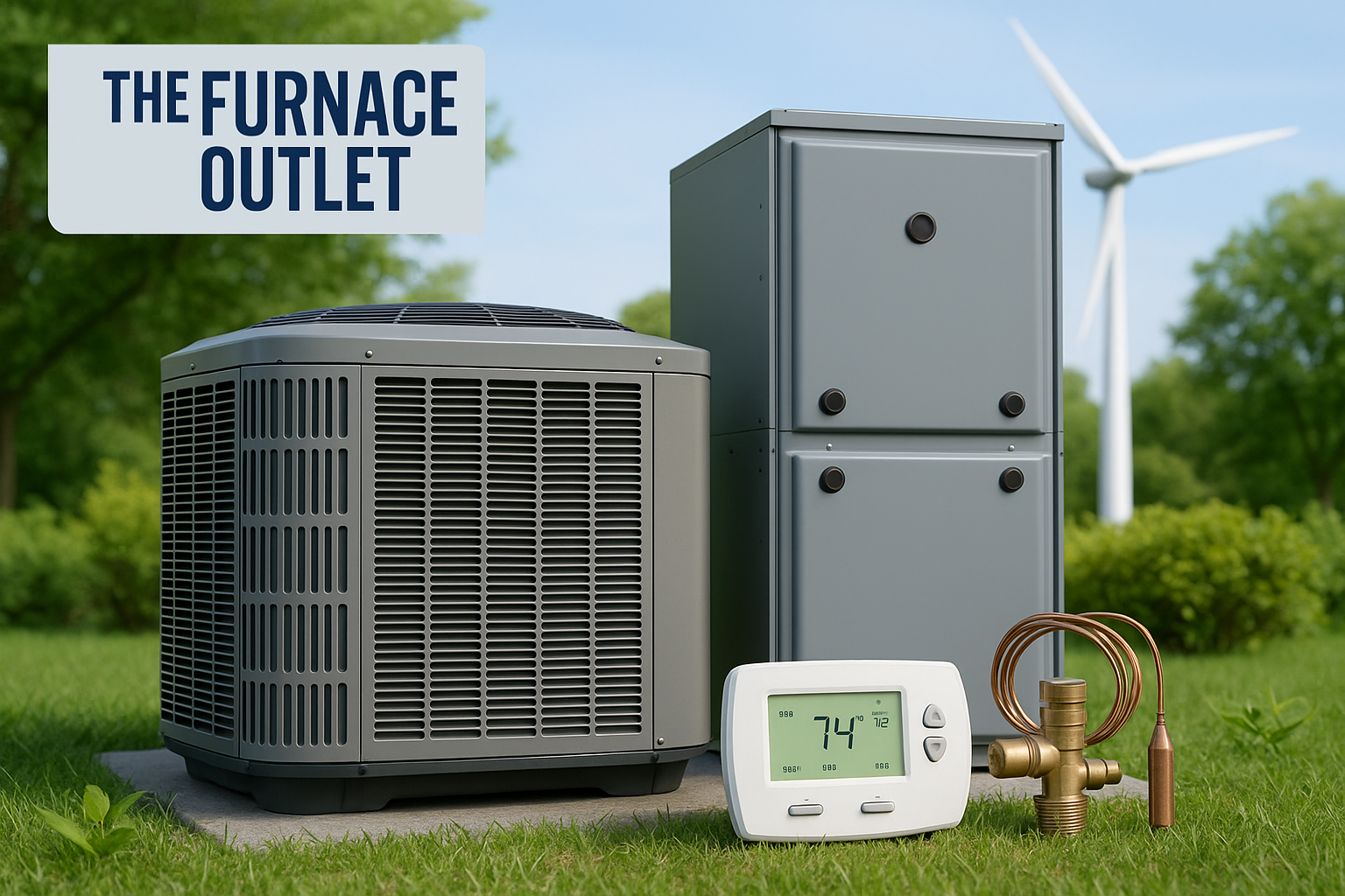 A branded HVAC product image for The Furnace Outlet showing an outdoor unit, vertical furnace, digital thermostat, and thermal expansion valve placed on grass with a wind turbine in the background, symbolizing energy-efficient commercial HVAC solutions
