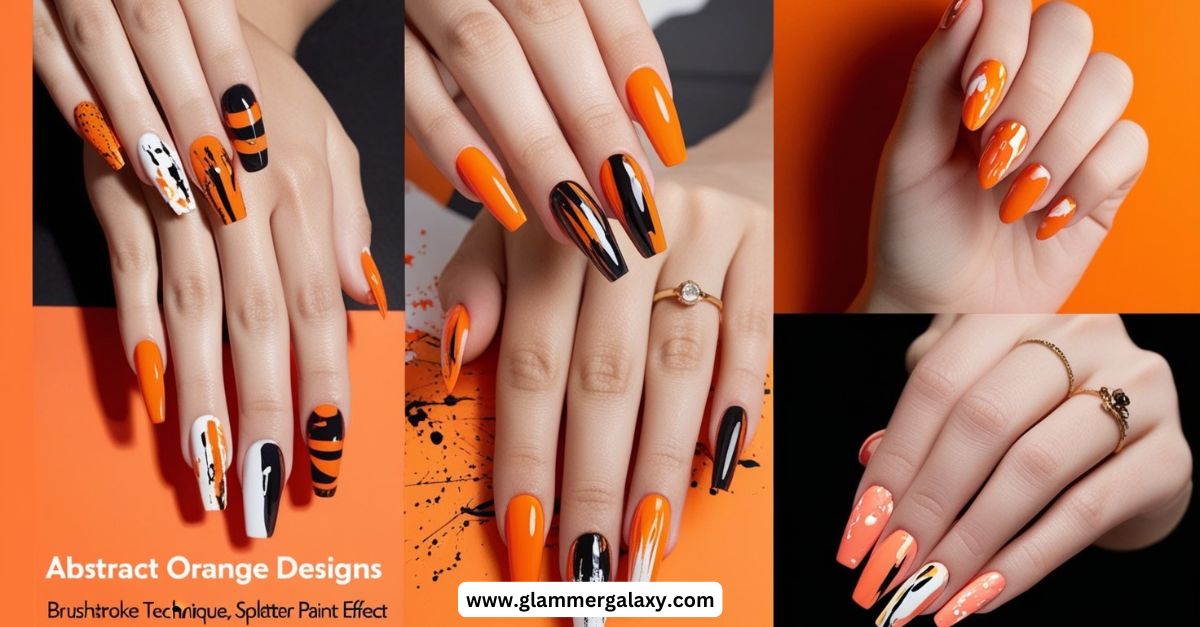 Orange Nails with Abstract Designs 