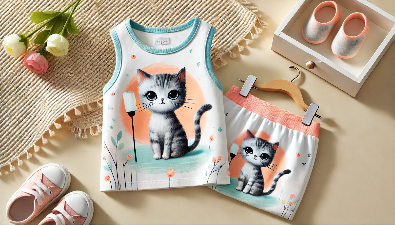 2pcs girls super comfortable cat print sleeveless tee