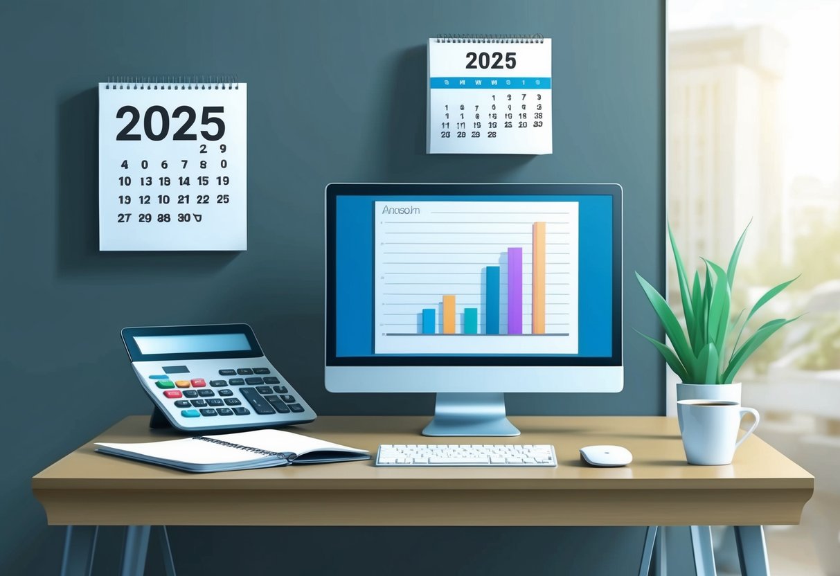 A modern office desk with a computer, notebook, and coffee cup. A calendar on the wall shows the year 2025. A graph and calculator suggest financial analysis