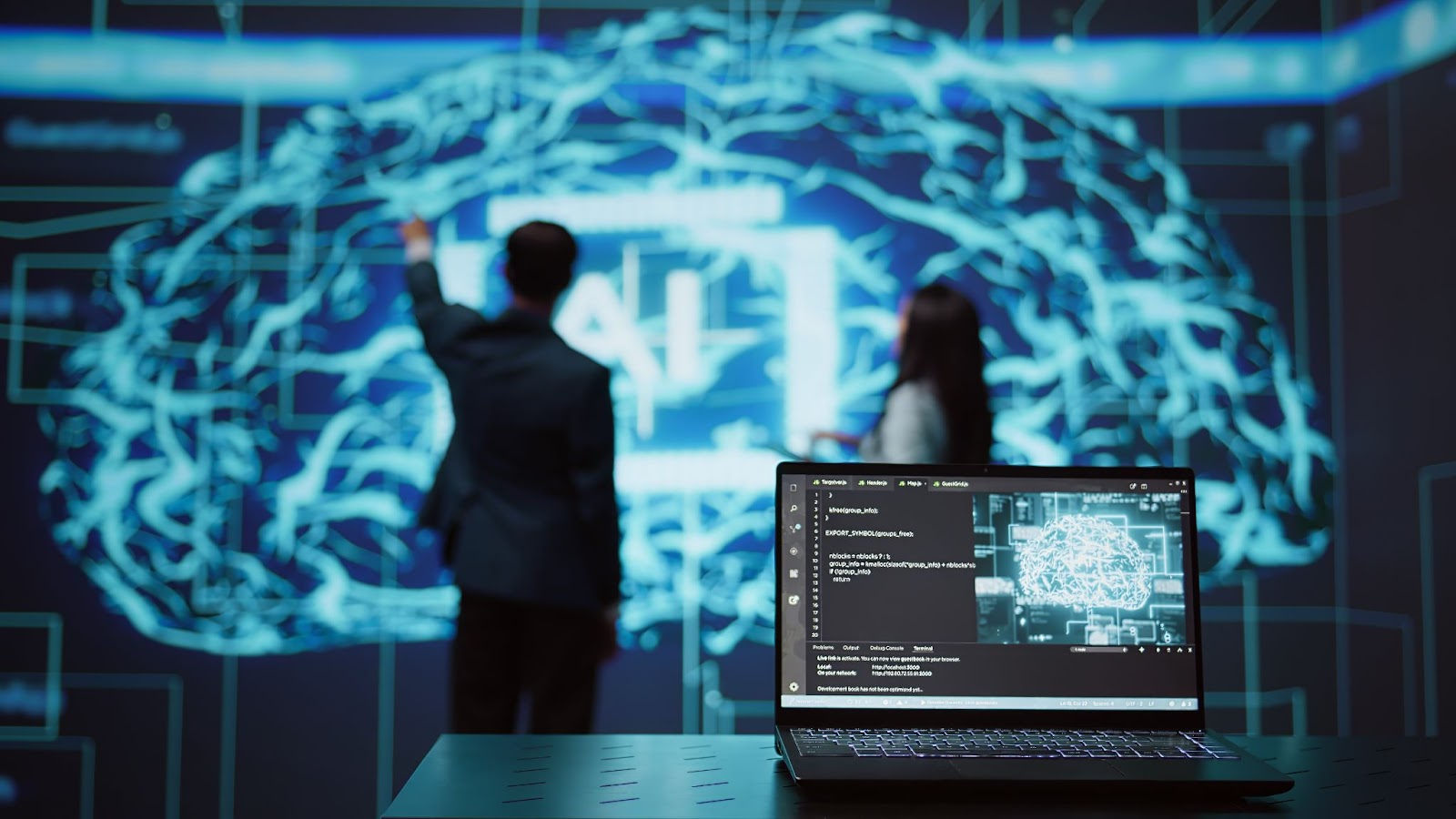 IT professionals interacting with an augmented reality hologram, representing the integration of artificial intelligence in technology and data management.