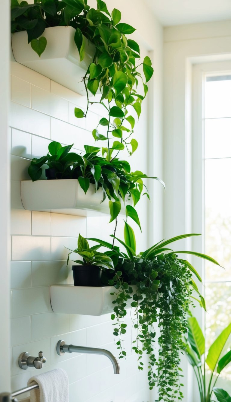 Lush green plants cascade from shelves in a bright, airy bathroom, creating a serene and natural atmosphere