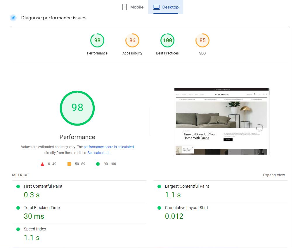 Speed ​​of Shopify Stockholm Theme on Desktop