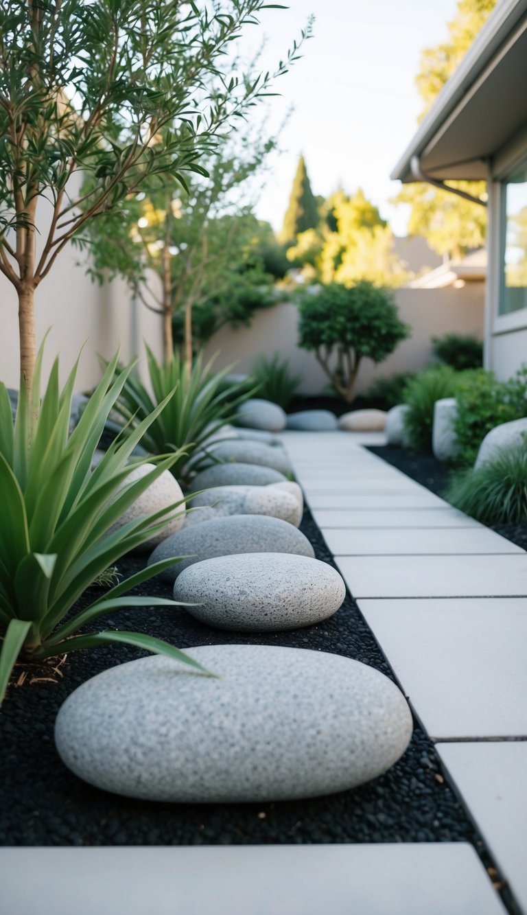 A serene Zen stone garden with drought-tolerant plants and minimalistic landscaping in a front yard